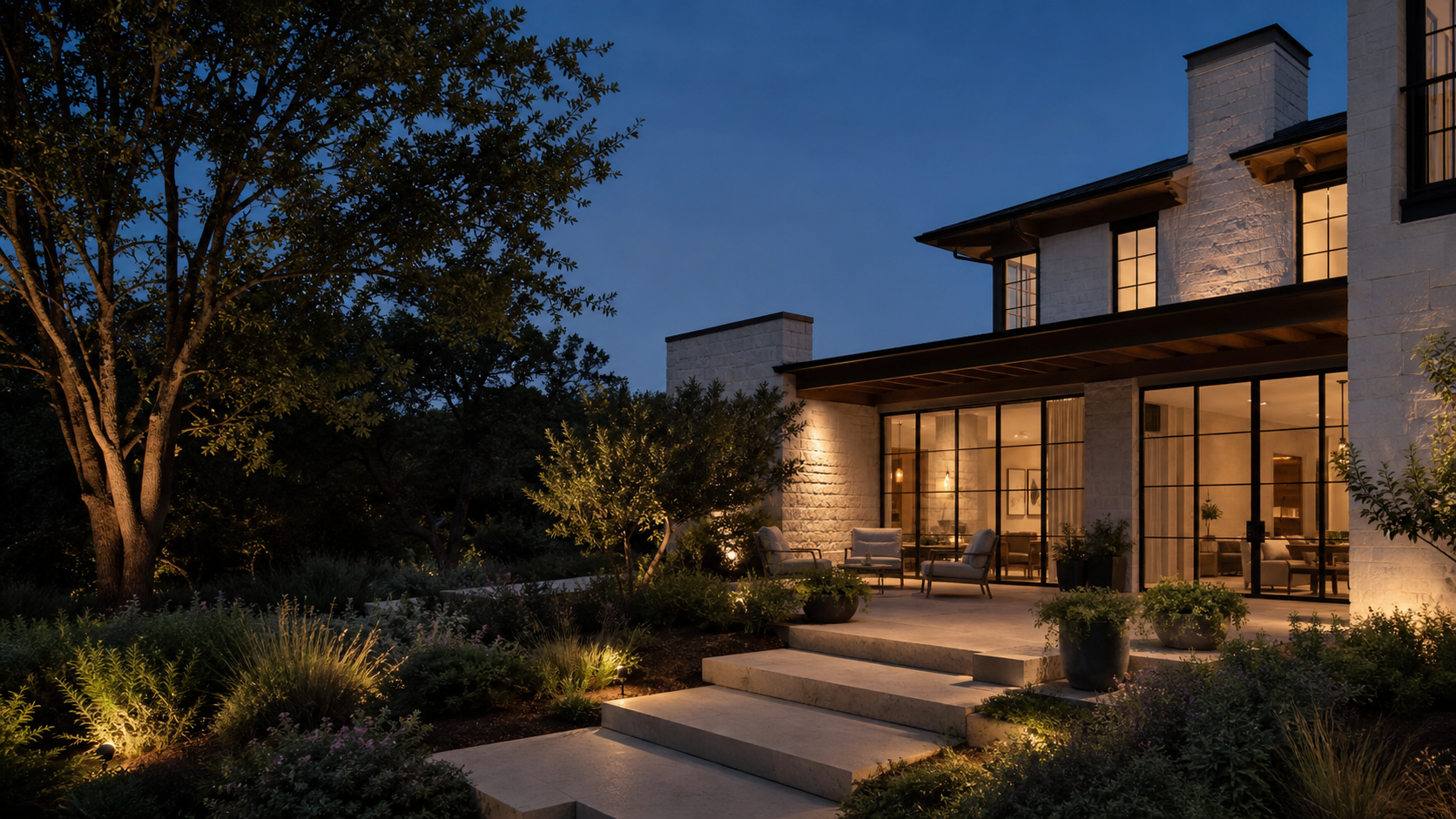 Editorial view of a refined residence at dusk