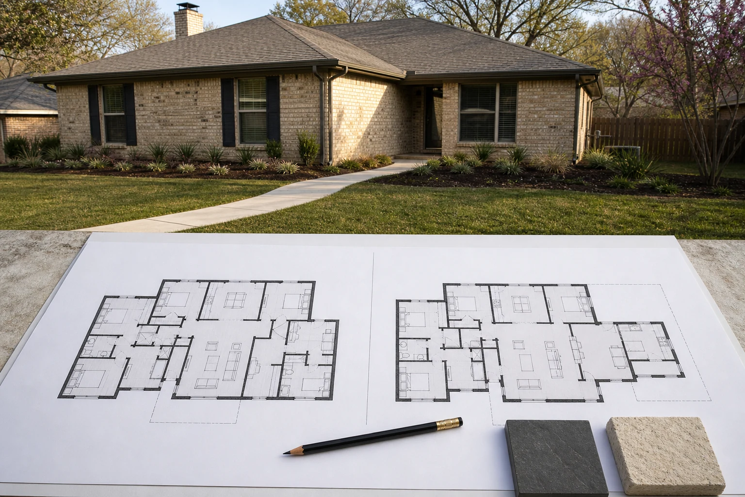 North Texas brick home with two floor-plan options comparing interior reconfiguration and a restrained addition
