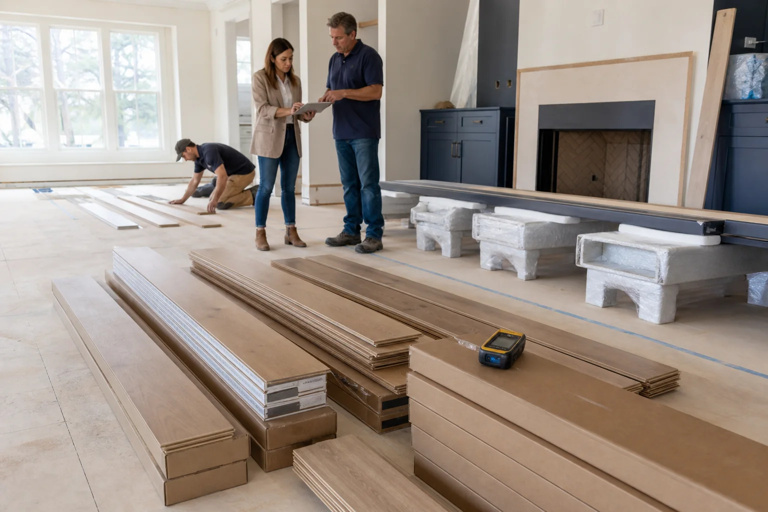 Wood flooring acclimating inside a protected remodel while the designer and construction manager review sequencing