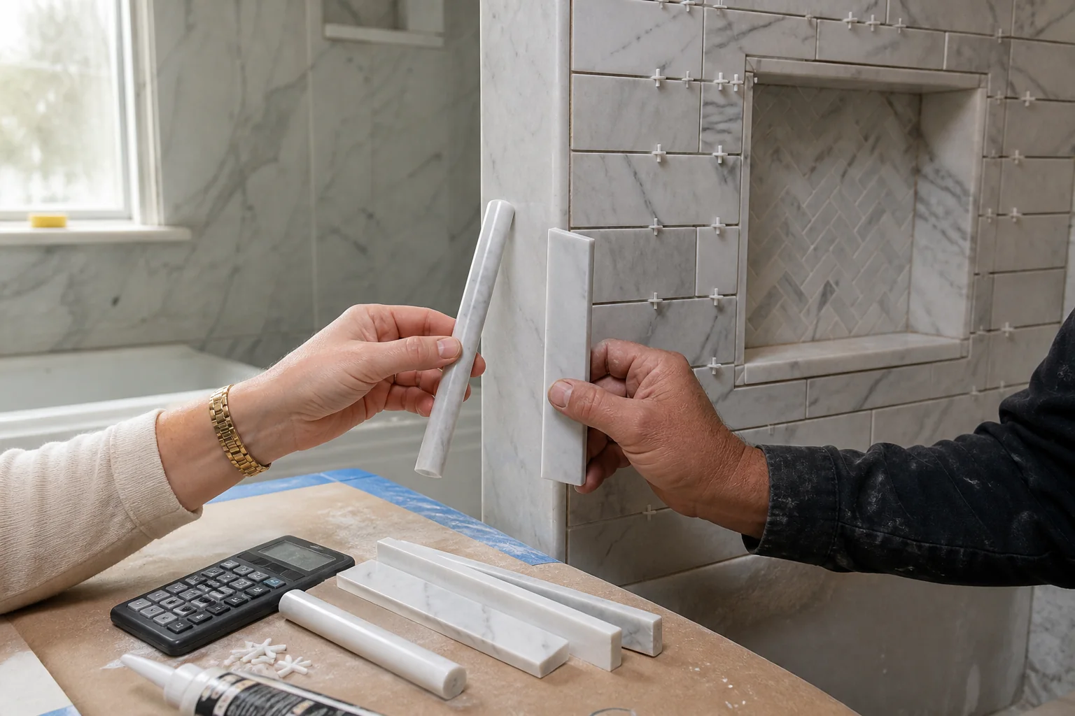 Designer and tile installer comparing Carrara marble edge treatments beside a shower installation